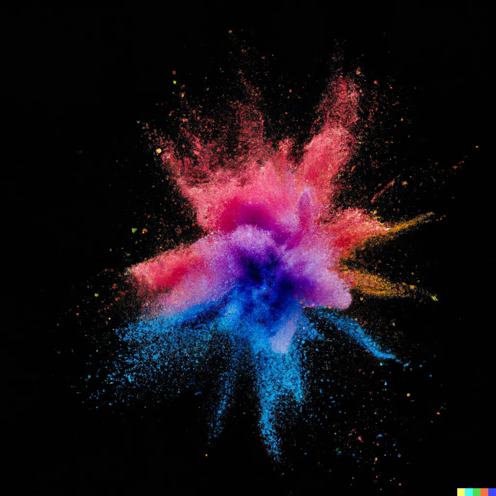 A centered explosion of colorful powder on a black background